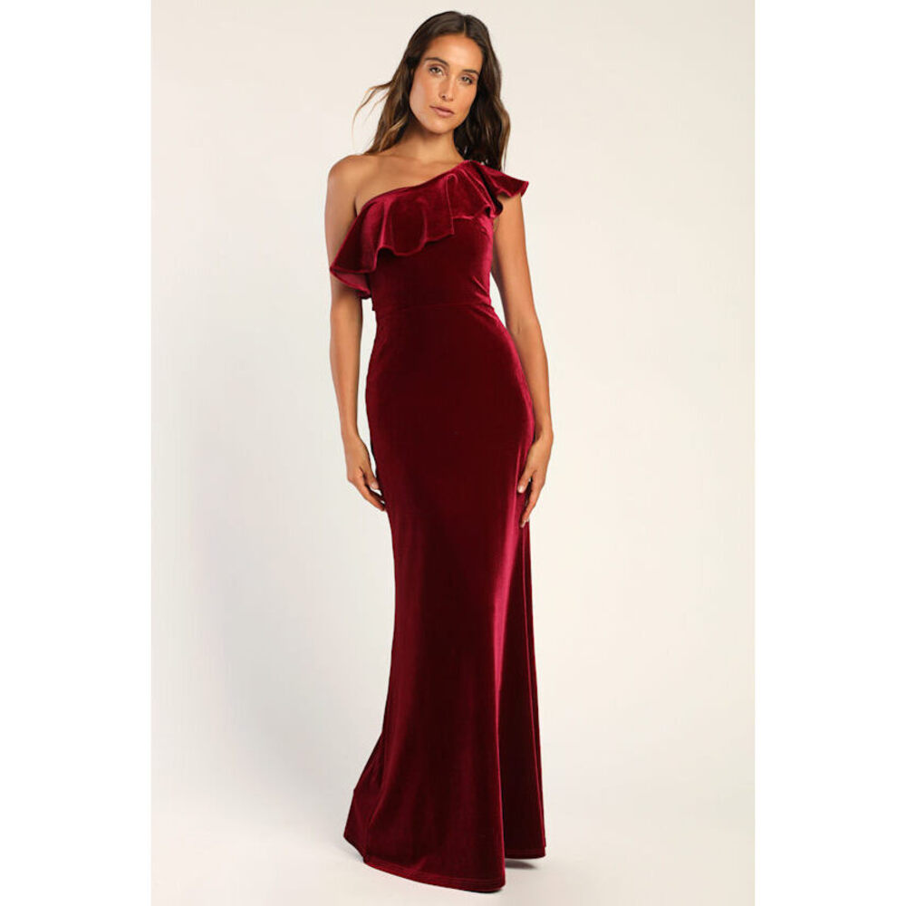 Lulus Flawlessly Fabulous Burgundy Ruffled One-shoulder Maxi Dress Red - Size L